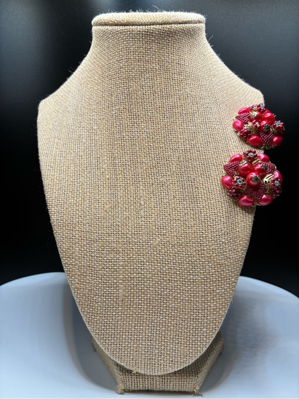 Vintage Rhinestone & Pink Cluster Clip-On Earrings - Brand Unspecified